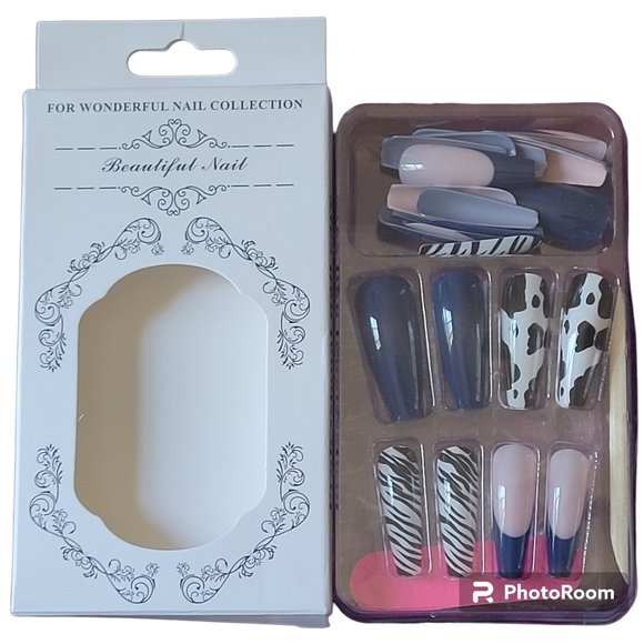 DIY Beautiful Nail Shiny Navy Blue Black/White Designs Press On Nails 24pcs - Picture 4 of 4